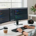 Developer coding on Telegram app in a modern workspace, showcasing 纸飞机中文版.