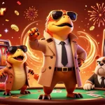 Engaging scene illustrating slot gacor hari ini with raptors in a trench coat attempting to enter a casino.