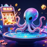 Immerse in the excitement at sun win with an alien octopus and robot at a holographic poker table.
