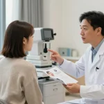 SNU Eye Clinic discussion about personalized vision care with patient in a modern clinical setting.