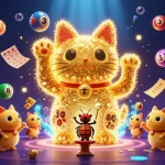 Cổng game Sunwin features a vibrant casino scene with a dynamic lucky cat and conductor beetle, showcasing exciting lottery elements.