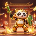 Betting strategy illustration showcasing Data Hk Hari Ini with golden panda in mech-suit in dynamic gambling arena.
