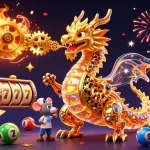 Experience thrilling slot jackpot action with a biomechanical dragon and dynamic game elements.