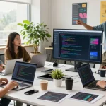 Developers collaborating on 纸飞机中文版 features in a modern tech workspace, showcasing innovation in action.