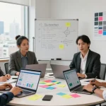 Team brainstorming LLG link indx services strategy in a modern office environment.