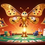 Winbox players enjoy thrilling poker games amidst golden moths and vibrant casino elements.