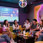 Friends enjoying a lively night at 강남노래방 with vibrant lighting and fun karaoke vibes.
