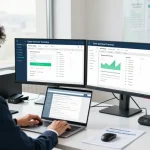 IT professional analyzing compliance metrics for cyber essentials vs iso 27001 in modern workspace