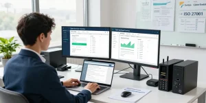 IT professional analyzing compliance metrics for cyber essentials vs iso 27001 in modern workspace