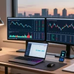 oklo stock trading chart analysis in a modern cryptocurrency workspace with monitors and DeFi data