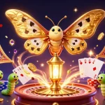 แทงบอลเต็ง with vibrant golden moths and casino elements swirling around in a dynamic scene.