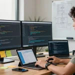 Software engineer coding on dual monitors with Telegram interface at teiegramin.com workspace