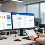 Content strategist analyzing data on telegraimin.com in a modern workspace with multiple screens and a city view.
