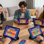 Pengguna menikmati permainan diana4d dalam suasana penuh semangat dan seru di ruang tamu yang modern.