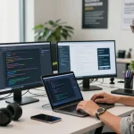 Developer utilizing telegramin-cn.com in a modern workspace, surrounded by tech gadgets and inspiring decor.