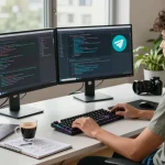 Detailed workspace showing a developer using 纸飞机中文版 on dual monitors with coffee and coding materials.