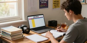 Focused student reviewing the 2026 NECO timetable in a bright study space.