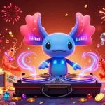 Engage with SPACEMAN88 as a neonal axolotl DJ spins gold on vibrant underwater turntables.
