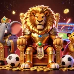 Engage in judi bola with vibrant 3D illustration showcasing a lion king amid sports betting elements.
