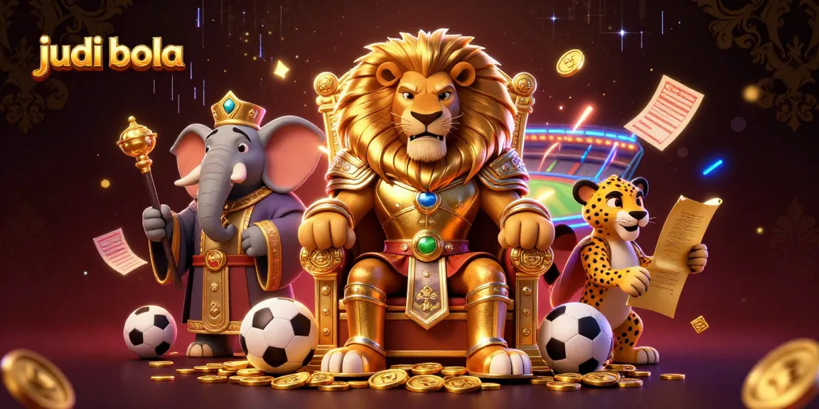 Engage in judi bola with vibrant 3D illustration showcasing a lion king amid sports betting elements.