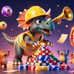 Avtarsteelmillplant menghadirkan triceratops membangun tumpukan chip poker dalam suasana kasino yang meriah.