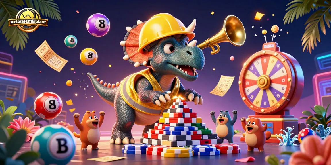 Avtarsteelmillplant menghadirkan triceratops membangun tumpukan chip poker dalam suasana kasino yang meriah.