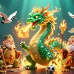 Situs agen bola scene showcasing dragon, turtle sage, and lucky cranes amidst dynamic sports betting elements.
