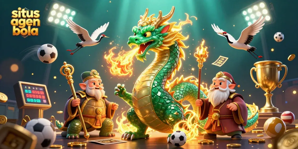 Situs agen bola scene showcasing dragon, turtle sage, and lucky cranes amidst dynamic sports betting elements.