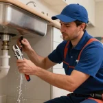 Fast plumbing help in Rushden with a plumber fixing a burst pipe under a kitchen sink.