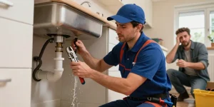 Fast plumbing help in Rushden with a plumber fixing a burst pipe under a kitchen sink.