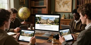 Readers exploring rich history content on https://tyntescastle.com in a cozy library setting.