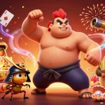 Engage with slot online excitement featuring a sumo wrestler rooster and treasures in a vibrant 3D scene.