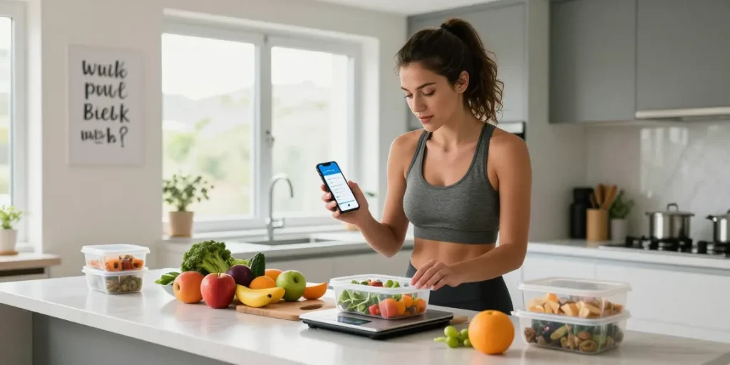 Young woman planning meals with the best AI calorie tracker in a modern kitchen