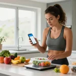 Young woman planning meals with the best AI calorie tracker in a modern kitchen