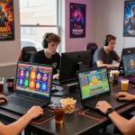 Engaged gaming community exploring link raja328 on laptops with vibrant screens.