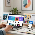 E-commerce workspace at https://raja328.com/ showcasing an entrepreneur at a stylish desk surrounded by colorful products and natural light.