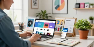 E-commerce workspace at https://raja328.com/ showcasing an entrepreneur at a stylish desk surrounded by colorful products and natural light.
