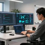 Developer working on NAGA2000 software in a modern office with dual monitors and vibrant visuals.