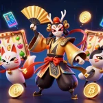 Menangkan slot dengan keberuntungan, dikelilingi simbol jackpot dan koin crypto.