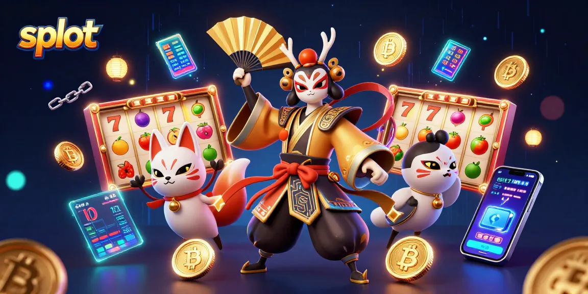 Menangkan slot dengan keberuntungan, dikelilingi simbol jackpot dan koin crypto.